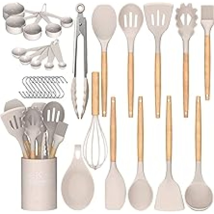 Umite Chef Kitchen Cooking Utensils Set, 33 pcs Non-Stick Silicone Cooking Kitchen Utensils Spatula Set with Holder, Wooden Handle Silicone Kitchen Gadgets Utensil Set (Khaki) Umite Chef Kitchen Cooking Utensils Set, 33 pcs Non-Stick Silicone Cooking Kitchen Utensils Spatula Set with Holder, Wooden Handle Silicone Kitchen Gadgets Utensil Set (Khaki)